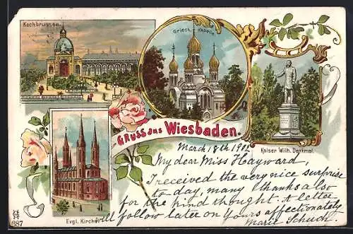 Lithographie Wiesbaden, Kochbrunnen, Evgl. Kirche, Griech. Kapelle, Kaiser Wilh. Denkmal