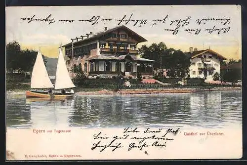 AK Egern, Partie am Tegernsee mit Gasthaus zur Überfahrt und Segelbooten