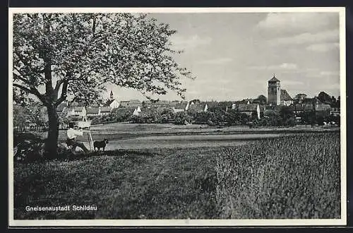 AK Schildau, Ortsansicht mit Maler