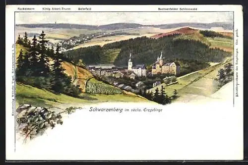 AK Schwarzenberg i. sächs. Erzgebirge, Ortsansicht mit Schlosswald