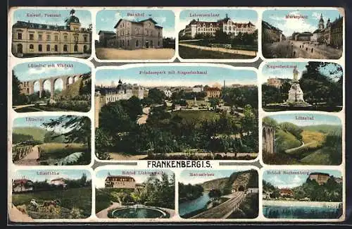 AK Frankenberg i. S., Marktplatz, Lützeltal mit Viadukt, Harrasfelsen, Siegesdenkmal, Schloss Sachsenburg