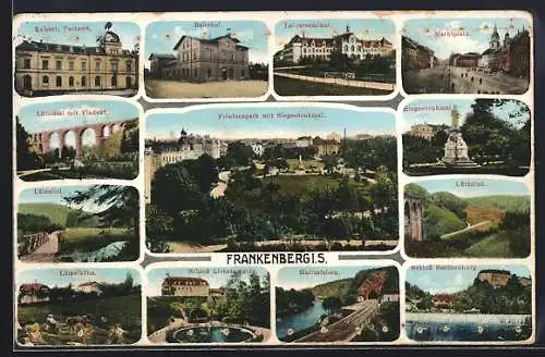 AK Frankenberg i. S., Marktplatz, Lützeltal mit Viadukt, Harrasfelsen, Siegesdenkmal, Schloss Sachsenburg