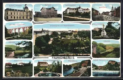 AK Frankenberg i. S., Marktplatz, Lützeltal mit Viadukt, Harrasfelsen, Siegesdenkmal, Schloss Sachsenburg