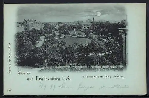 Mondschein-AK Frankenberg i. S., Friedenspark mit Siegesdenkmal