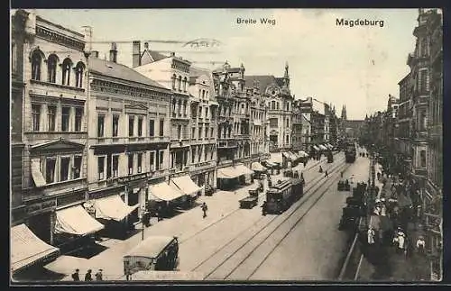 AK Magdeburg, Breite Weg mit Strassenbahnen