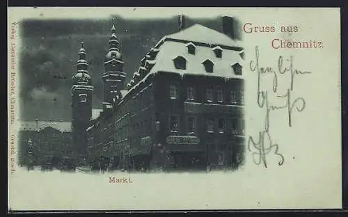 AK Chemnitz, Markt mit Geschäft und Denkmal im Winter