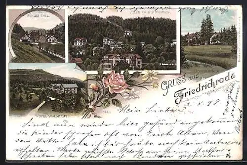 Lithographie Friedrichroda, Hotel Waldhaus, Villen am Herzogsweg, Klostermühle