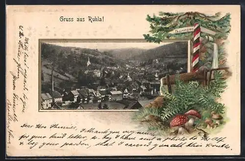 Passepartout-Lithographie Ruhla, Totalansicht mit Gebirge, Waldpartie mit Pilzen