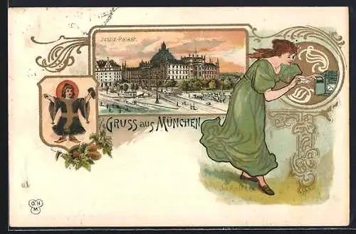 Lithographie München, Münchner Kindl, Justiz-Palast, Frau wirft Brief in den Kasten