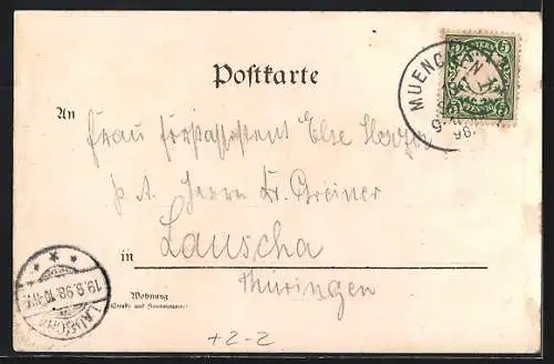 Lithographie München, Münchner Kindl, Justiz-Palast, Frau wirft Brief in den Kasten