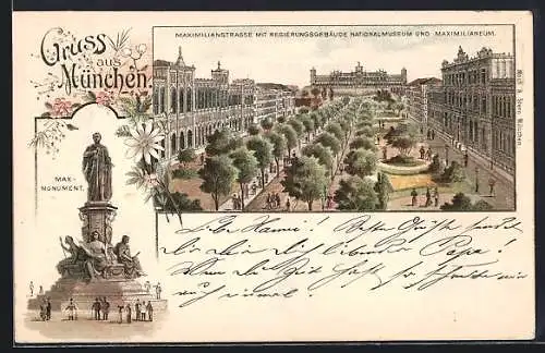 Lithographie München, Maximilianstrasse mit Regierungsgebäude Nationalmuseum und Maximilianeum, Max-Monument