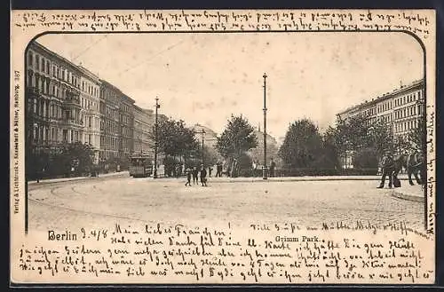 AK Berlin-Kreuzberg, Grimm Park mit Strassenbahn