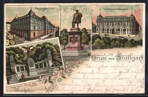 Lithographie Stuttgart, Baugewerkschule, Denkmal König Karls und Königin Olgas, Landesgewerbebrunnen