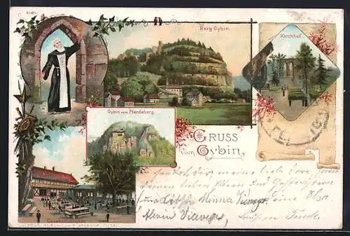 Lithographie Oybin, Kirchhof, Gesellschaftsplatz, Blick zum Ort vom Pferdeberg aus, Mönch