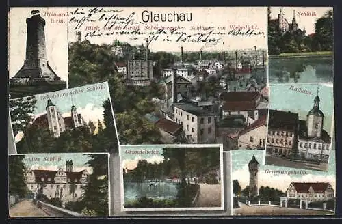 AK Glauchau, Genesungsheim, Rathaus, Bismarckturm