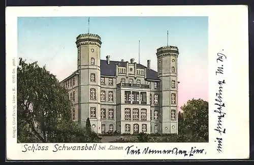 Goldfenster-AK Lünen, Schloss Schwansbell mit leuchtenden Fenstern