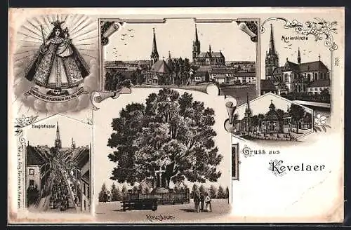 Künstler-AK Kevelaer, Marienkirche, Kreuzbaum, Hauptstrasse mit Prozession