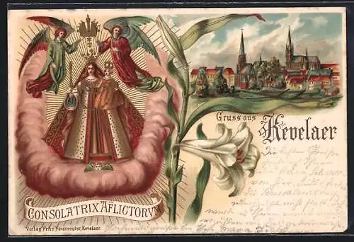 Lithographie Kevelaer, Ortspartie mit Kirchen, Gnadenbild