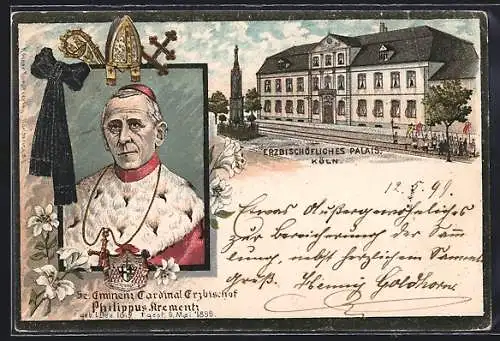 Lithographie Köln, Erzbischöfliches Palais, Se. Eminenz Cardinal Erzbischof Philippus Krementz
