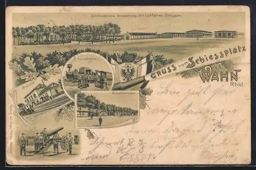 Lithographie Köln-Wahn, Bahnhof, Schiessplatz mit Verwaltung und Lafefetten Schuppen