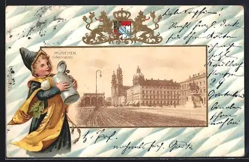 Passepartout-Lithographie München, Odeonsplatz, Münchner Kindl und Wappen