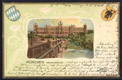 Passepartout-Lithographie München, Brücke und Maximilianeum, Stadt- und Landeswappen
