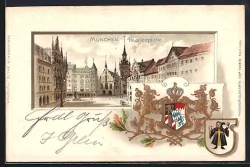 Passepartout-Lithographie München, Partie vom Marienplatz, Wappen