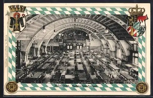 Passepartout-Lithographie München, Mathäserbräu-Festsaal, Innenansicht, Wappen