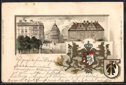 Passepartout-Lithographie München, Karlsplatz, Wappen, Müchner Kindl