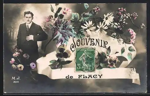 AK Flacy, Souvenir avec portrait d`homme et fleurs colorées