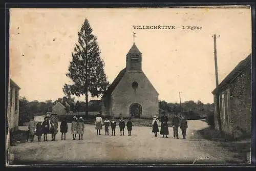 AK Villechétive, L`Église et enfants devant l`entrée