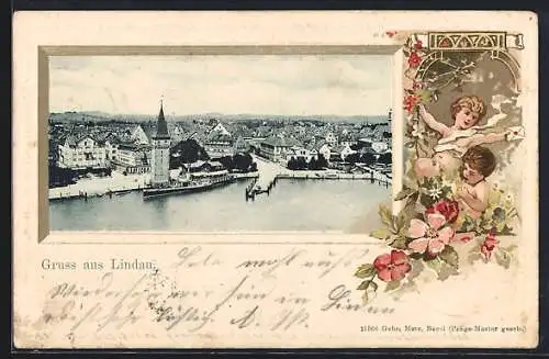 Passepartout-Lithographie Lindau / Bodensee, Blick auf den Hafen, Kinder mit Brief und Rosenranken