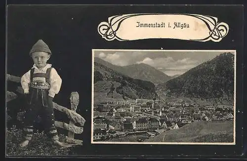 AK Immenstadt i. Allgäu, Teilansicht mit Bergen, Junge in Tracht, Passepartout