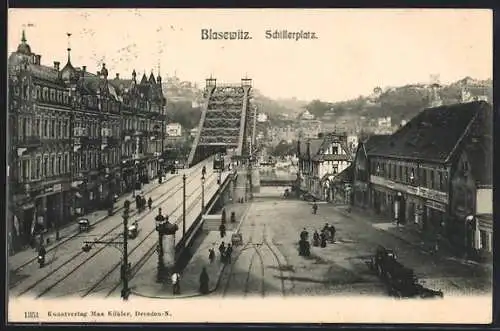 AK Dresden-Blasewitz, Schillerplatz mit Geschäften und Strassenbahn