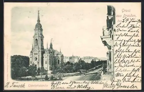 AK Dresden, Trinitatiskirche mit Strassenbahn