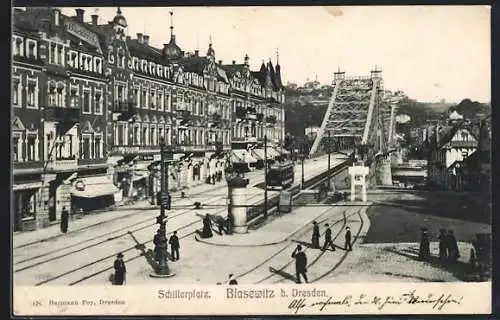AK Blasewitz b. Dresden, Schillerplatz mit Geschäften und Strassenbahn