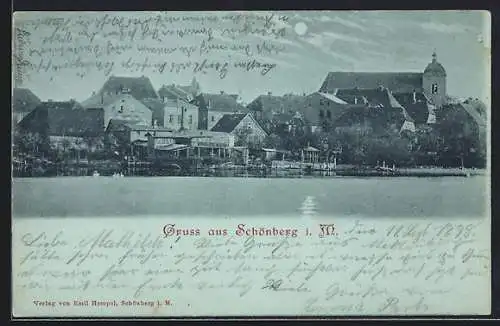 Mondschein-AK Schönberg i. M., Uferpartie mit Kirche