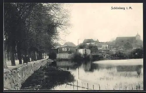 AK Schönberg i. M., Uferpartie mit Kirche