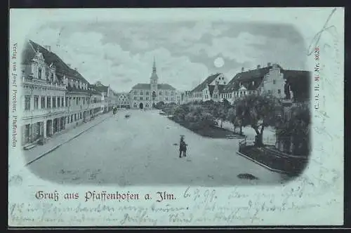 Mondschein-AK Pfaffenhofen a. Ilm, Strassenpartie mit Gasthof und Rathaus