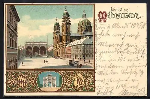 Winter-Lithographie München, Partie auf dem Odeonsplatz