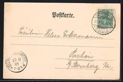 AK Schönberg i. M., Strassenpartie an der Kirche mit Denkmal