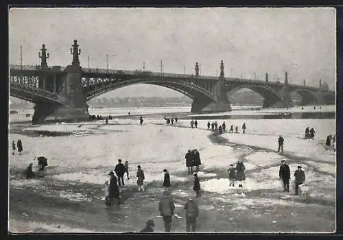 AK Mainz, Eisjahr 1929, Der zugefrorene Rhein