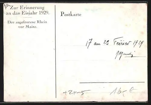 AK Mainz, Eisjahr 1929, Der zugefrorene Rhein