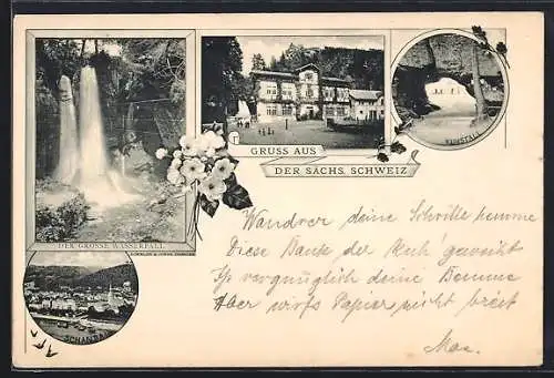 AK Schandau /Sächs. Schweiz, Restaurant, Kuhstall, Grosser Wasserfall