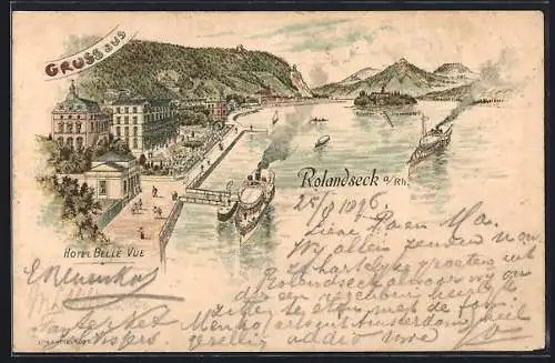 Lithographie Rolandseck a. Rh., Hotel Belle Vue mit Dampferanlegestelle