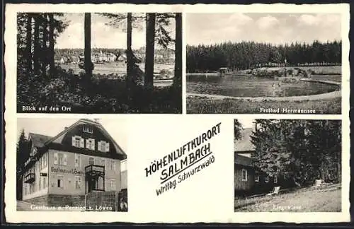 Künstler-AK Salmbach /Wrttbg. Schwarzwald, Blick auf den Ort und Freibad Hermannsee