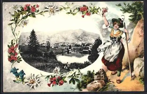 AK Oberammergau, Ortsansicht mit Bergen, Frau in Tracht