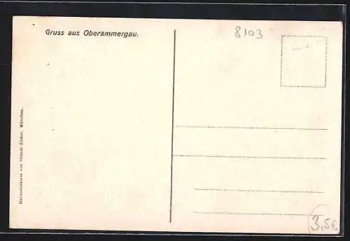 AK Oberammergau, Ortsansicht mit Bergen, Frau in Tracht