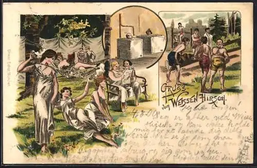 Lithographie Dresden-Weisser Hirsch, Kurgäste beim Sport, Im Bad, Im Garten, Badekultur