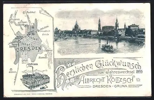 AK Dresden-Gruna, Uferpartie mit Brücke, Stadtplan mit Radebeul, Bahnhof Neustadt und Hauptbahnhof, Neujahrsgruss 1899